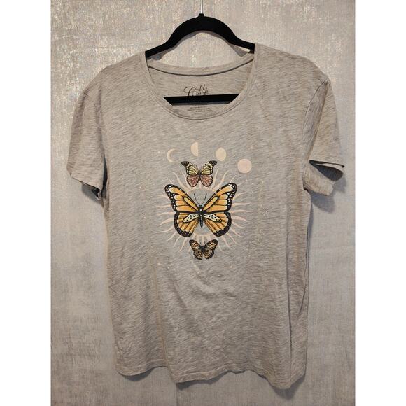 Yellow‎ Butterfly Gray Large Short Sleeve TShirt Y2K Skater Casual Grunge - Picture 1 of 4